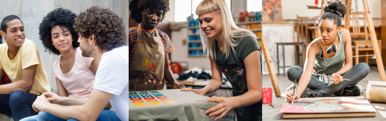 Auf dem Headerbild sieht man drei verschiedene Fotos. Ganz links eine Gruppe junge Menschen im Gespräch. In der Mitte zwei junge Frauen beim Siebdruck und rechts eine junge Frau, die im Begriff ist mit dem Pinsel ein Bild zu malen. 