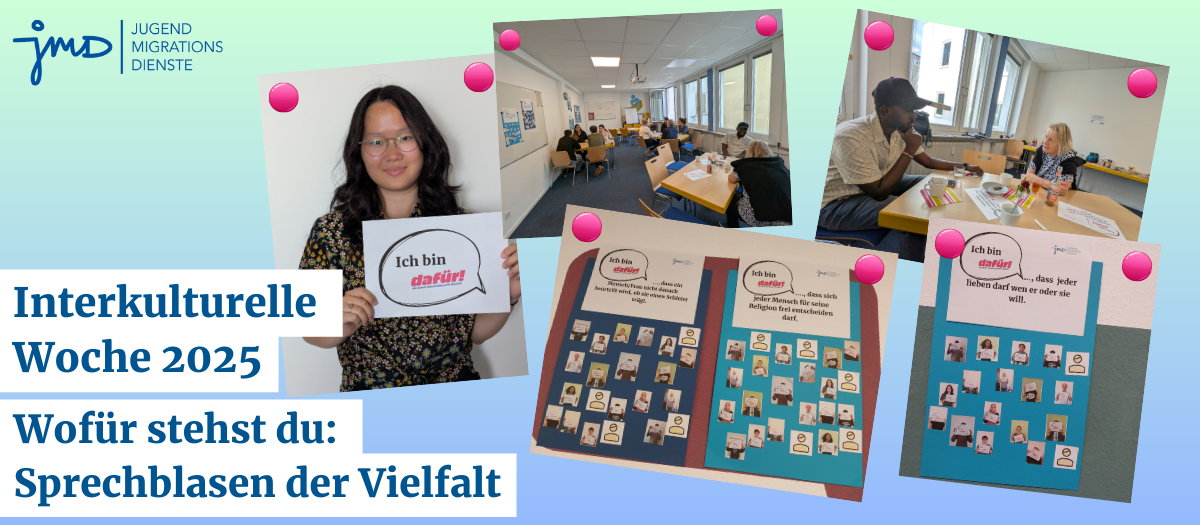 Die Bilder zeigen Fotocollagen und eine junge Frau, die ein Schild hält auf dem steht: Ich bin dafür!