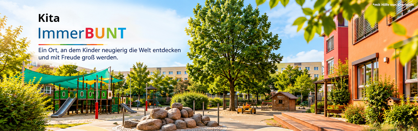Außenansicht der Kita ImmerBUNT mit großzügigem Spielplatz. Zu sehen sind Kletter- und Spielgeräte, schattenspendende Bäume, Sitz- und Spielbereiche sowie das farbenfrohe Kita-Gebäude. Links im Bild befinden sich das Logo der Kita ImmerBUNT und der Slogan „Ein Ort, an dem Kinder neugierig die Welt entdecken und mit Freude groß werden.“