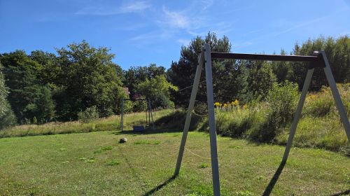 Ein großer Garten mit vielen Bäumen und Zip-Line