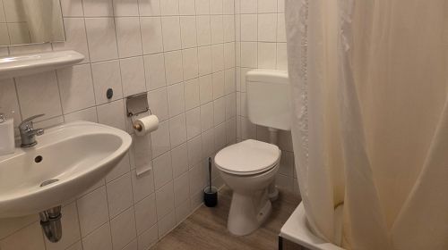 Ein Badezimmer mit Dusche, Toilette und Waschbecken