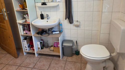 Ein Bad mit einer Toilette und einem Waschbecken, ein Regal und ein Unterschrank mit vielen Hygiene- und Kosmetikartikeln 