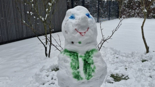 Man sieht einen lächelnden Schneemann, der in einem Gartenbereich im Winter steht. 