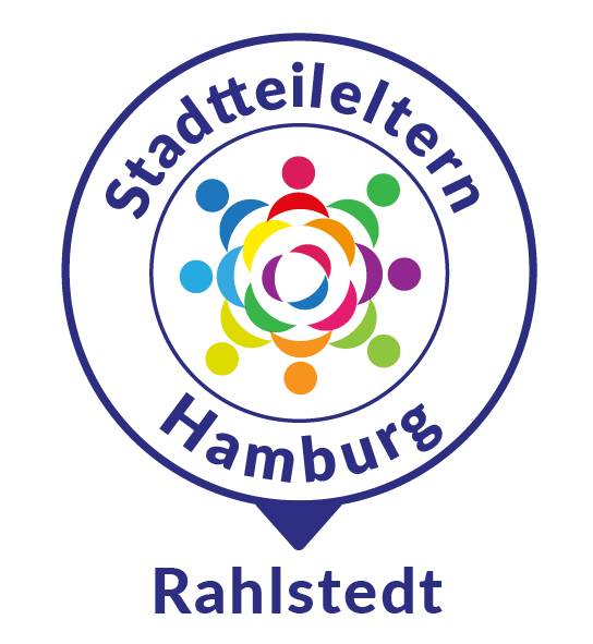 Logo mit dem Text Stadtteileltern Hamburg Rahlstedt. Der Text steht in einem Kreis. In der Mitte des Kreises befindet sich die Bildmarke, bestehend aus stilisierten Figuren in vielen Farben.