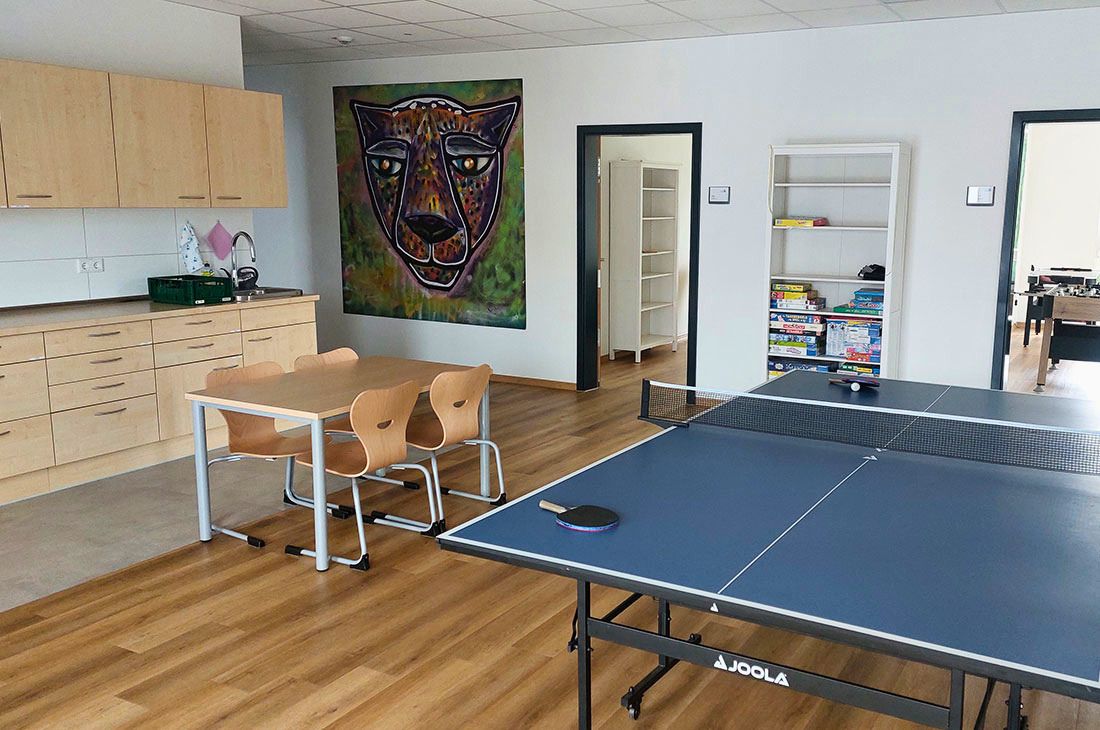 Eine große Küche mit einer Tischtennisplatte und einem Tisch mit vier Stühlen und einem Hundebild an der Wand, außerdem gibt es ein Regal mit Spielen.